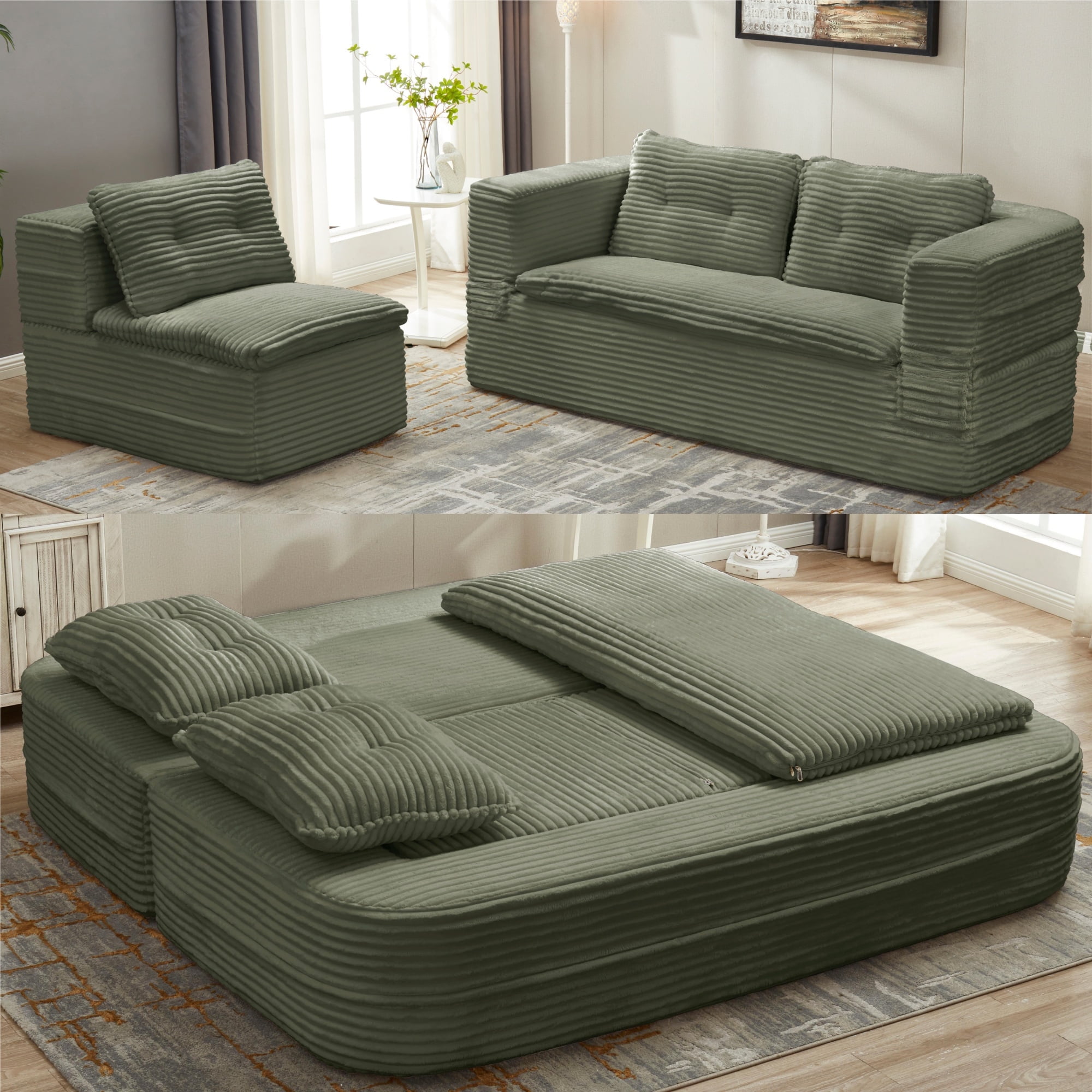 80'' Futon Sofa Bed, King Size Foldable Sleeper Sofa, Corduroy Boneless Loveseat Couch with Chaise Lounge, 3 Pillows, Blanket, Upholstered Sectional Couches for Living Room,Bedroom, Pine Green