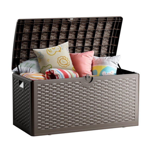 80 Gallon Deck Box, Double Layer Waterproof Resin Outdoor Indoor Storage Box, Lockable & UV Resistant Storage Bin for Patio Furniture, Garden Tools, Pool Accessories (Brown)