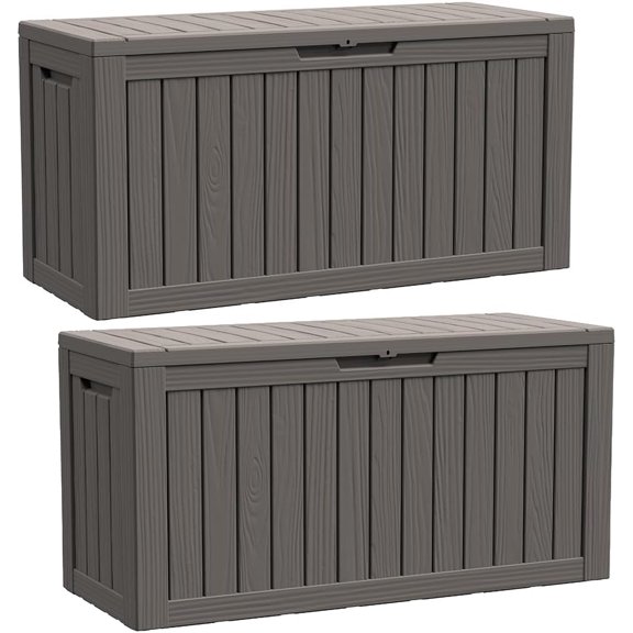 80 Gallon Deck Box Outdoor Storage Container with Metal Support Rods for Patio Furniture Garden Tools Cushions Waterproof Lockable UV Resistant Set of 2