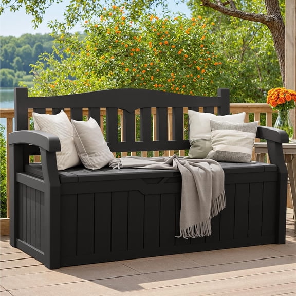 80 Gallon Deck Box Storage Bench, Patio Furniture, Lockable, Waterproof and UV Resistant,with Armrest, Suitable for Garden, Porch, Poolside, Dark Black
