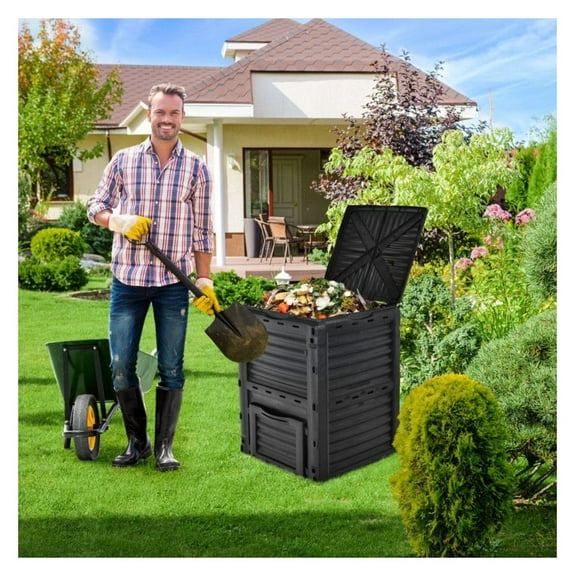 80-Gallon Outdoor Composter - Large Open Lid & Bottom Exit - PP Material - Black/Green - Garden Yard Waste Bin - Quick Assembly - 23.5" x 23" x 32"