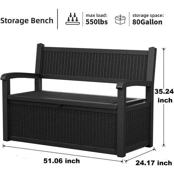 80-Gallon Outdoor Storage Bench, 500Lb Load Capacity, Waterproof & UV-Resistant, Weatherproof Deck Box, for Patio Garden Poolside Porch, Tools Cushion Pool Float Storage