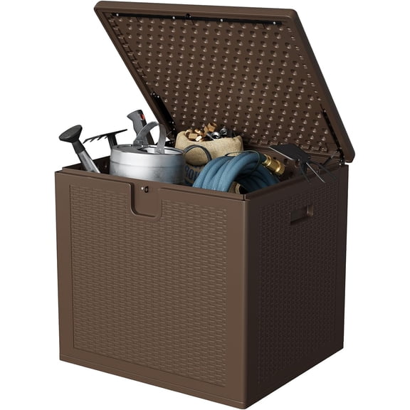 80 Gallon Outdoor Storage Box, Large Resin Deck Box with Hydraulic Air Rod, Weatherproof & Lockable Outdoor Storage Bin for Patio Cushions, Garden Tools, Pool Supplies, Porch, Brown