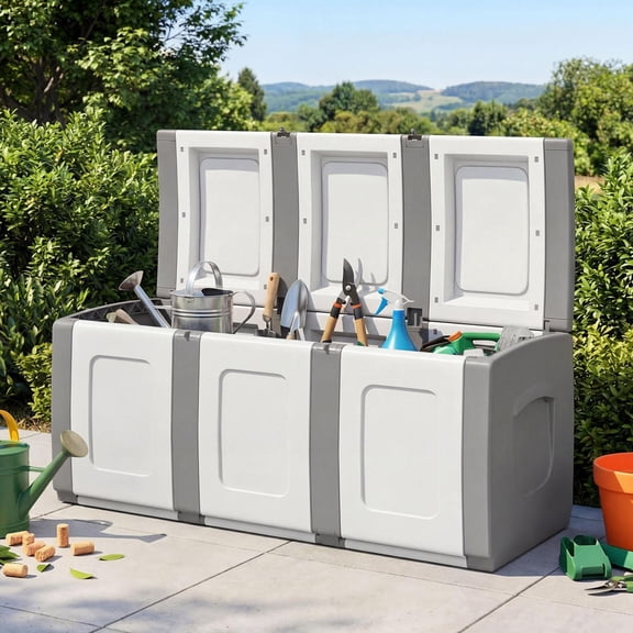 80 Gallon Patio Storage Container with Lockable Lid, Waterproof Pp Plastic, Gray Outdoor Bin