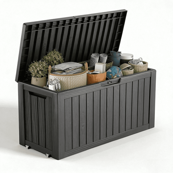 EASY UP 80 Gallon Resin Deck Box, Lockable Patio Outdoor Storage Box for Furniture, Garden Tools and Tools Storage, Waterproof Outside Storage Boxes