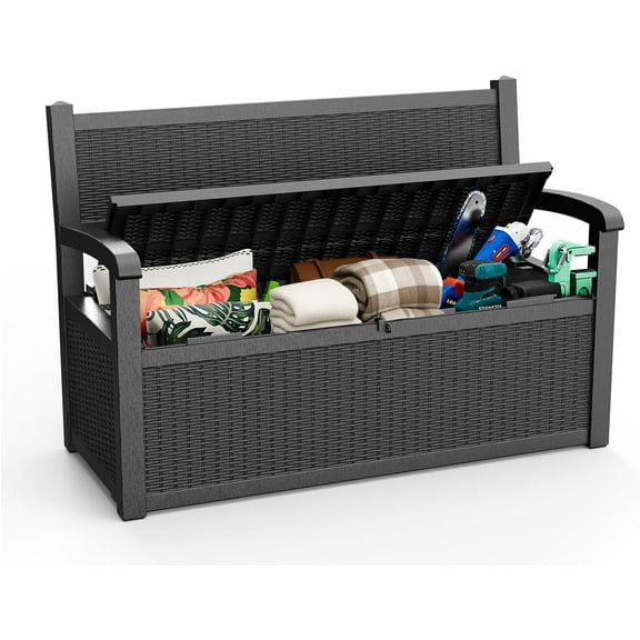 80 Gallon Storage Bench Deck Box Outdoor with Armrests,Storage Furniture Waterproof Lockable for Porch Patio and Garden (Black)