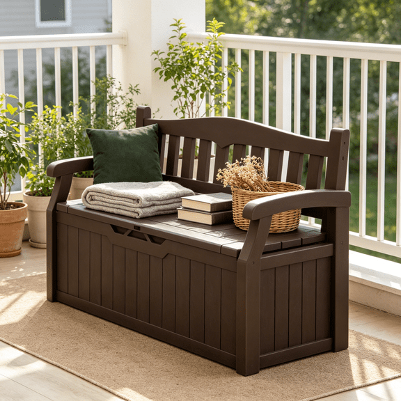 80 Gallon Storage Bench Outdoor/Indoor, Durable All-Weather Seating with Hidden Storage, Lockable Deck Box for Garden, Patio, Poolside, Brown