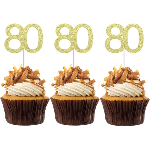 80 Gold Glitter Cupcake Toppers, 12pcs Number 80 Cupcake Picks for 80th Birthday Party Decorations