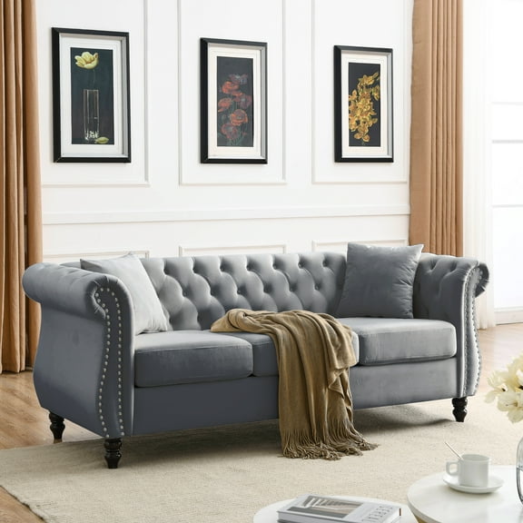 80" Grey Velvet Chesterfield Sofa | 3-Seater Tufted Couch w/ Rolled Arms & Nailhead Trim | Solid Wood Frame, Foam Fill | Modern Living Room, Bedroom, Office Furniture | Includes 2 Pillows