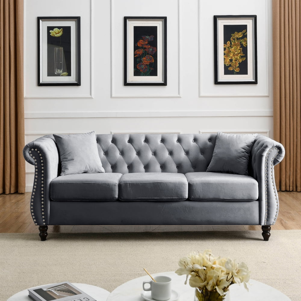 80” Grey Velvet Chesterfield Sofa Tufted Couch Rolled Arms Nailhead ...