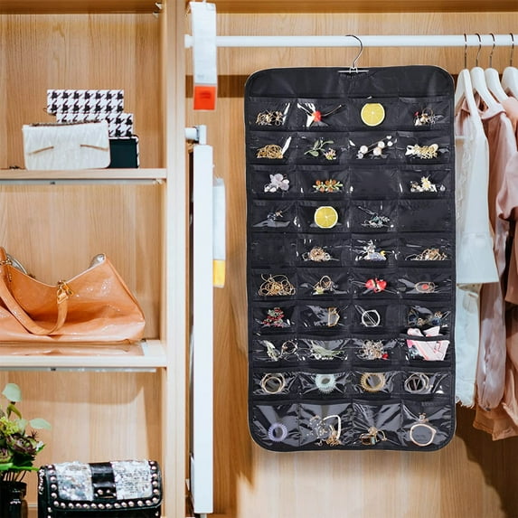 80 Grids Jewelry Organizer Storage Bag, Hanging Storage Pouch With Transparent Pockets For Earrings Necklaces Rings, Black For Bedroom Closet Travel