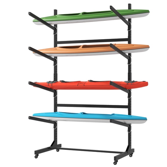 80" H Freestanding Kayak Storage Rack, Heavy-Duty Adjustable Stand with Lockable Wheels, Holds 4 Kayaks, Canoe, SUP and Surfboard for Outdoor Use