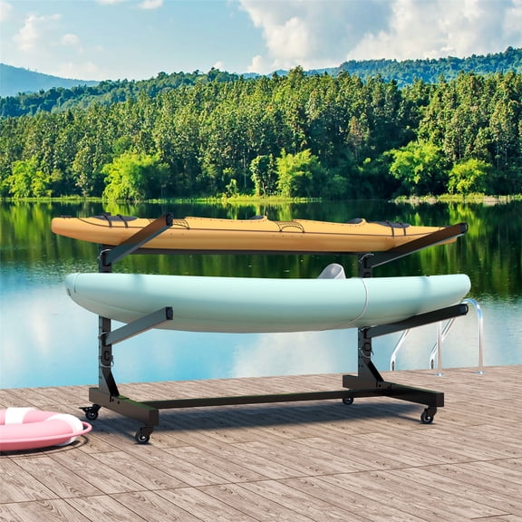 80''H Freestanding Kayak Storage Rack – Holds 4 Kayaks, Heavy-Duty Adjustable Stand with Lockable Wheels for Kayak, Canoe, SUP & Surfboard, 45.87"W*28.94"D*80"H