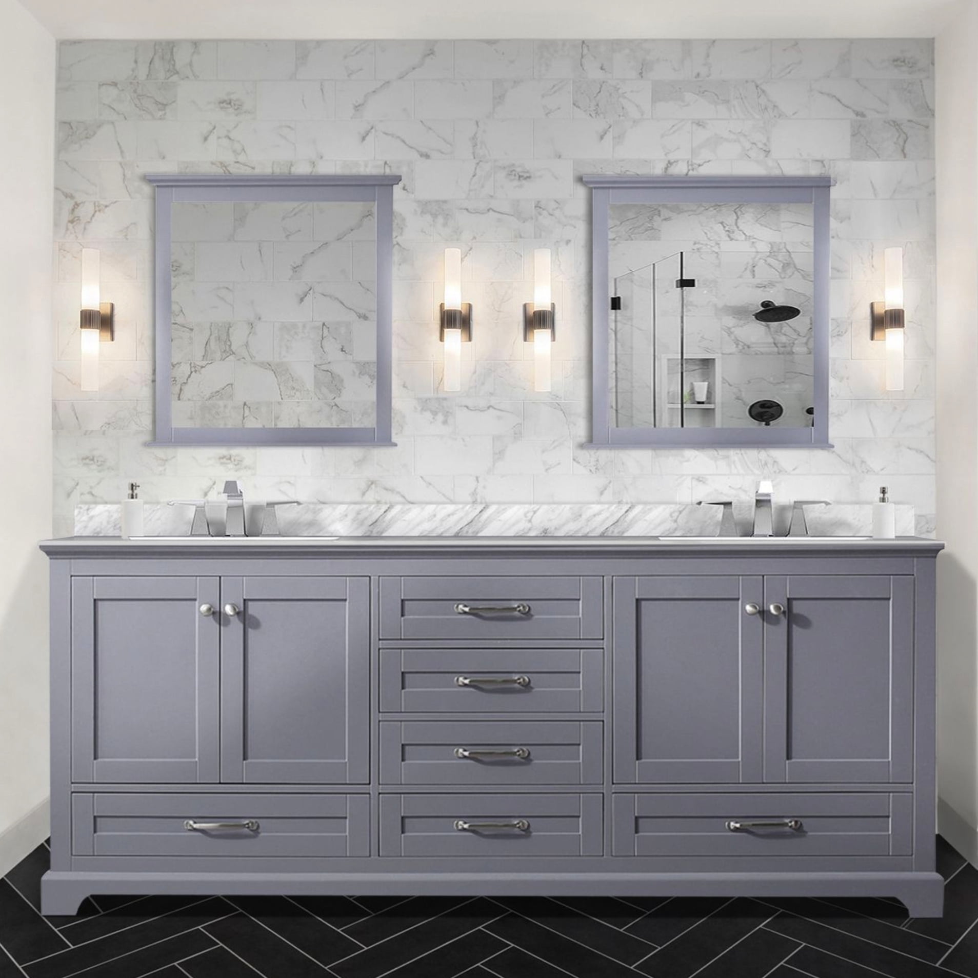 80 In. Dark Grey Bath Vanity With Marble Top - Solid Wood Construction ...
