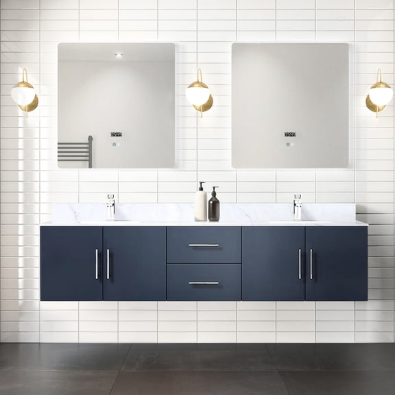 80 In. Navy Blue Vanity With Marble, 30 Mirrors & Shelf - Ample Space Marble Countertop, Compartment Spacious