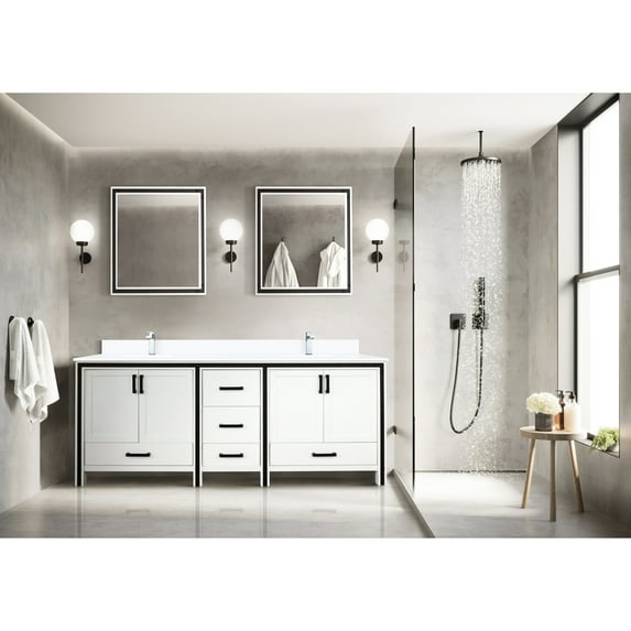 80 In. W White Bathroom Vanity With Cultured Marble Countertop, Faucet , And 30 Mirrors - Scratchproof Double Bath Top, Faucet, Scratch- Stain- For Long-term Beauty