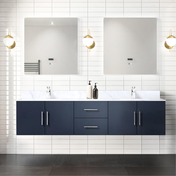 80 In. Wide Navy Blue Double Vanity With Marble Top, Mirrors & Drawer - Ample Space Surface, Open Shelf Spacious