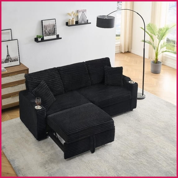 80-Inch 3-Seat Corduroy Convertible Sofa with Cup Holder & Pillows, Foldable Chaise Lounge for Living Room