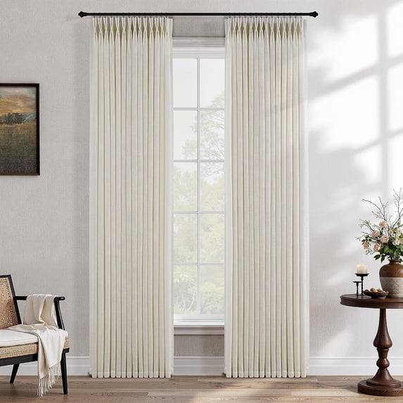 80 Inch Beige Linen Semi-Sheer Pinch Pleat Curtains 2-Panel Set for ...