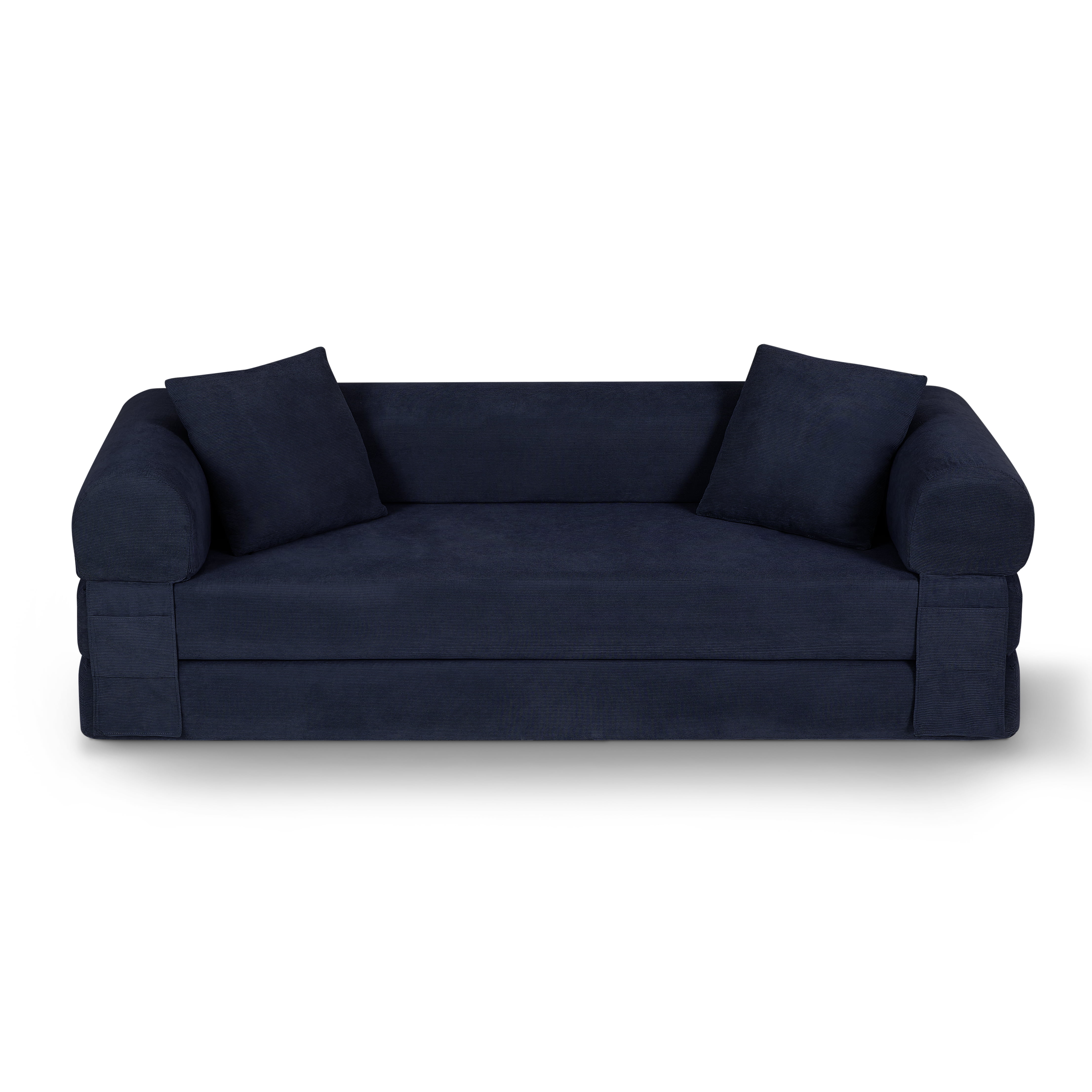 80 Inch Convertible Boneless Sofa Bed, Queen Size Folding Sleeper Couch with Storage Pockets, Corduroy Compressed Sofa in a Box for Living Room, Deep Blue