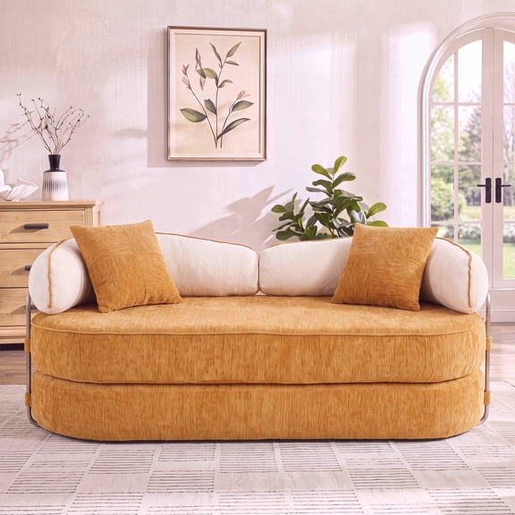 80 Inch Convertible Modular Sleeper Sofa Couch Bed, 5-in-1 Modular Foldable Couch No Assembly,Corduroy Futon Memory Foam Pull Out Couch with 2 Pillows, Boneless Compressed Sofa for Living Room,Orange
