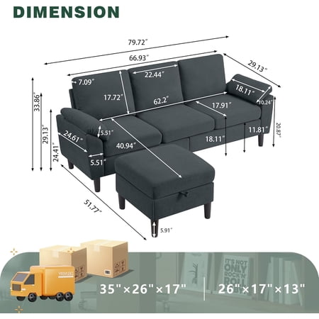 80 Inch Convertible Sectional Sofa with Storage Chaise, Modern L Shaped Couch for Living Room