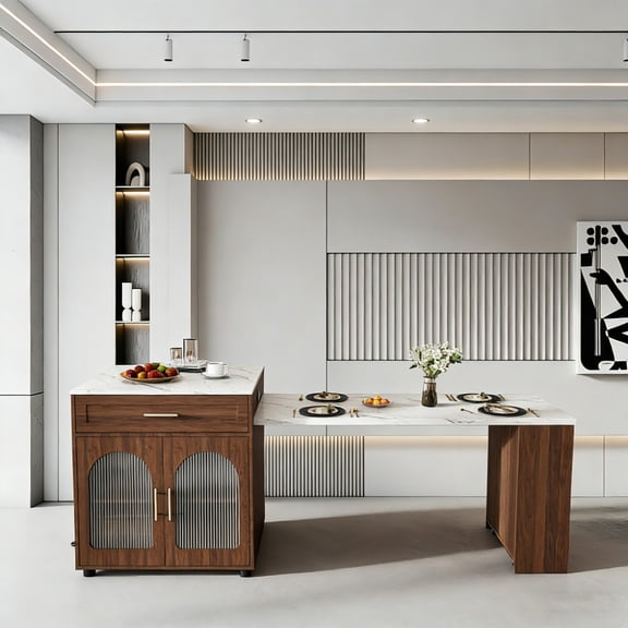 80-Inch Expandable Kitchen Island with Dining Table - Marble-Grain Countertop with Power Outlet, Mobile Storage Cart with Cabinet & 2 Drawers, Walnut Finish Prep Table