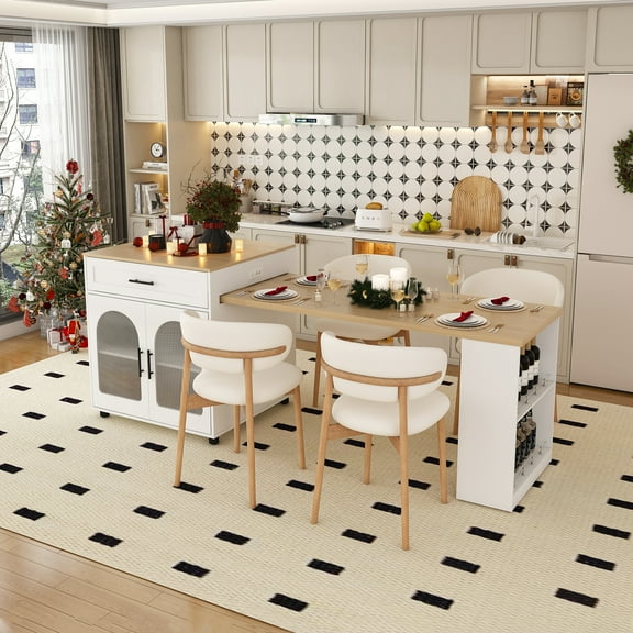 80-Inch Expandable Kitchen Island with Dining Table, Solid Wood Grain Countertop with Power Outlet, Mobile Storage Cart with Cabinet & 2 Drawers, Kitchen Prep Table, White