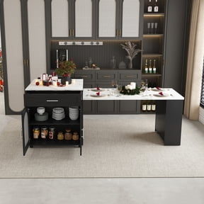 80-Inch Expandable Kitchen Island with Dining Table, Solid Wood Grain Countertop and Power Outlet, Mobile Storage Cart with Cabinet & 2 Drawers,Black