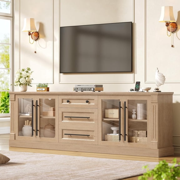 80 Inch Farmhouse TV Stand with Power Outlet, Modern Wood Media Console Entertainment Center with 3 Storage Cabinets and 1 Drawer for Living Room & Bedroom, Oak