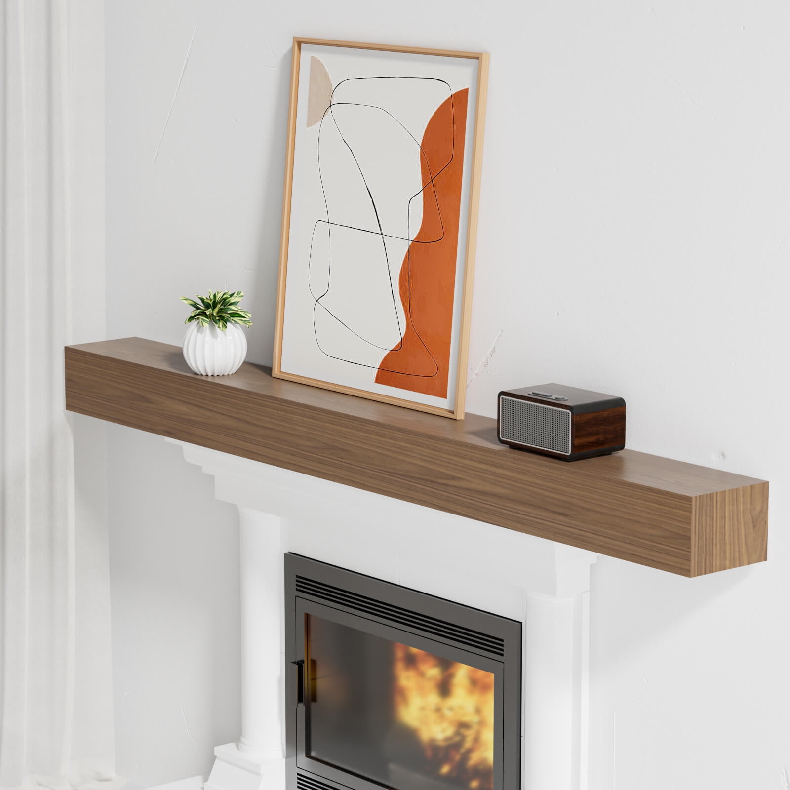 80 Inch Fireplace Mantel, Pine Wood Wall-Hanging Floating Shelf, Natural Wood Display Shelf, Wall Art and Home Decor, Easy to Install, Strong and Durable, for Living Room, Bedroom, Kitchen, Walnut