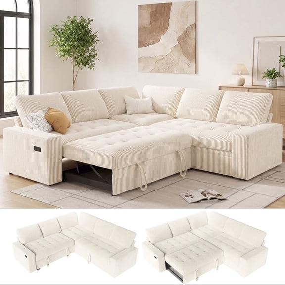 80 Inch L-Shaped Modular Sectional Sofa,Beige Corduroy Convertible Couch with Pull Out Sofa Bed,Adjustable Backrest,USB Ports,Storage Seats