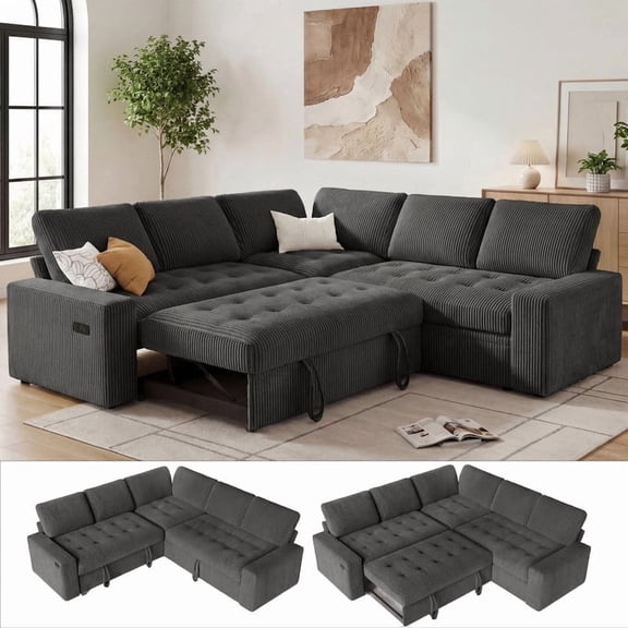 80 Inch L-Shaped Modular Sectional Sofa,Gray Corduroy Convertible Couch with Pull Out Sofa Bed,Adjustable Backrest,USB Ports,Storage Seats