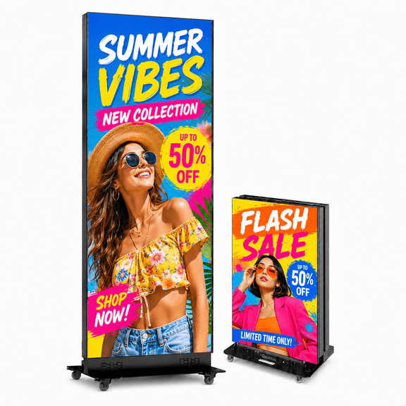 80 in P1.86 GOB LED Poster Display with Flight Case, Foldable Portable Digital Signage Kiosk, WiFi/USB/HDMI, 2 Pack