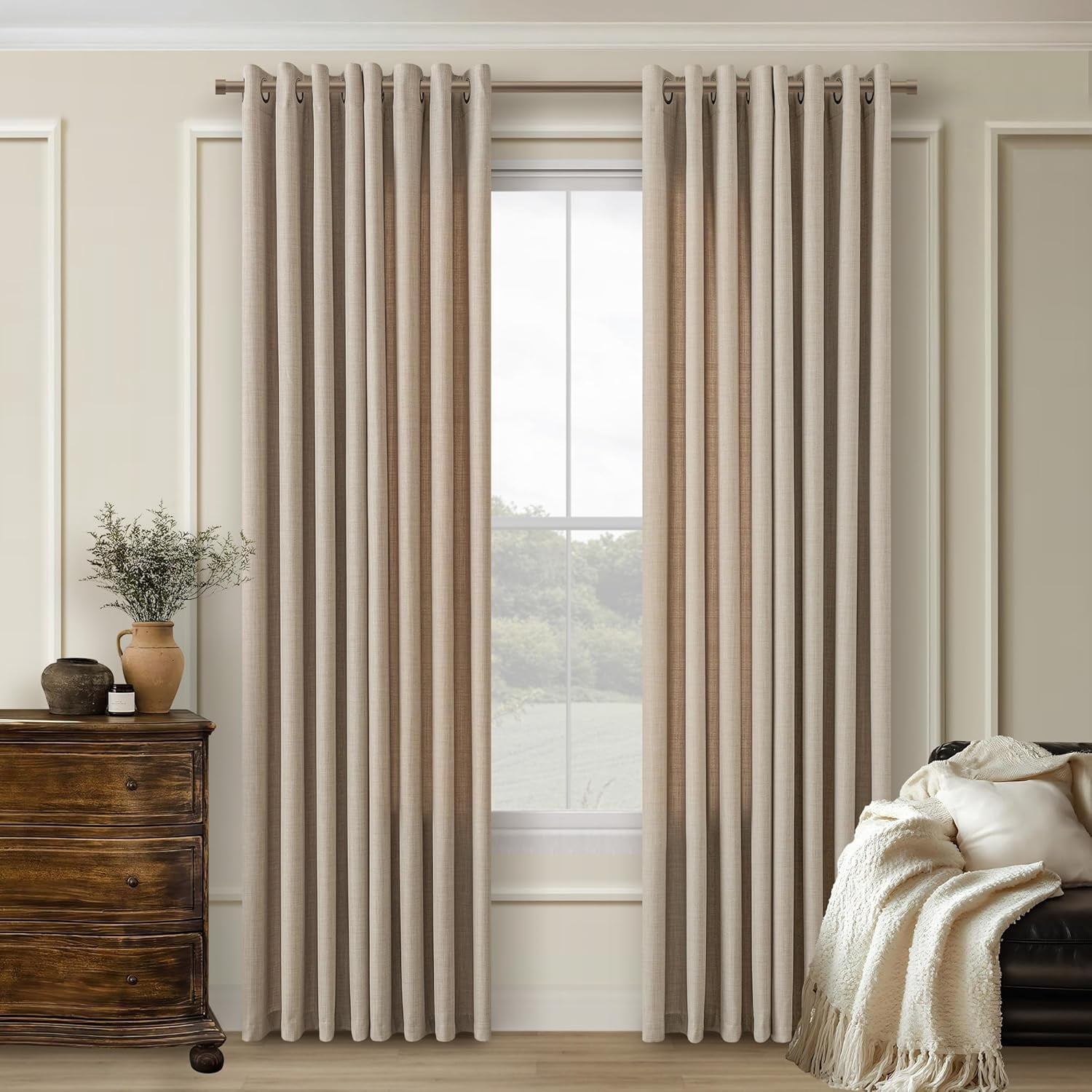 80 Inch Long Taupe Living Room Curtains for Window Treatments Grommet Neutral Farmhouse Style Light Filtering Thick Linen Sheer Bedroom Curtains Drapes 80 Inch Length 2 Panels Set Burlywood Birch