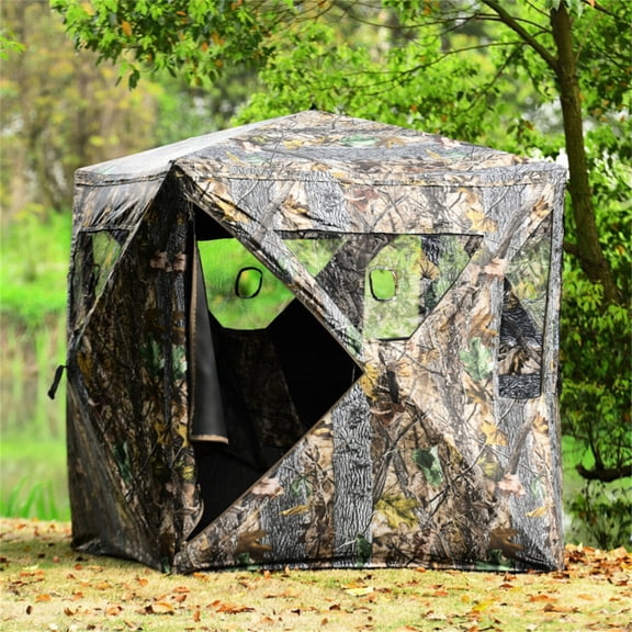 80 Inch Pop Up Hunting Blind Ground Tent Hub System Instant Setup Camouflage Deer Blind with Carrying Bag 3 Sided Mesh Windows Waterproof for Deer Waterfowl Turkey Hunting Portable Hunting Shelter