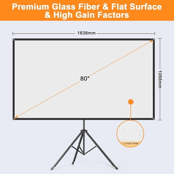 80 Inch Portable Projector Screen with Stand, 1.2 Gain Fiberglass Outdoor Indoor Movie Screen, 16:9 HD PVC Projection Screen for Home Theater Camping Travel