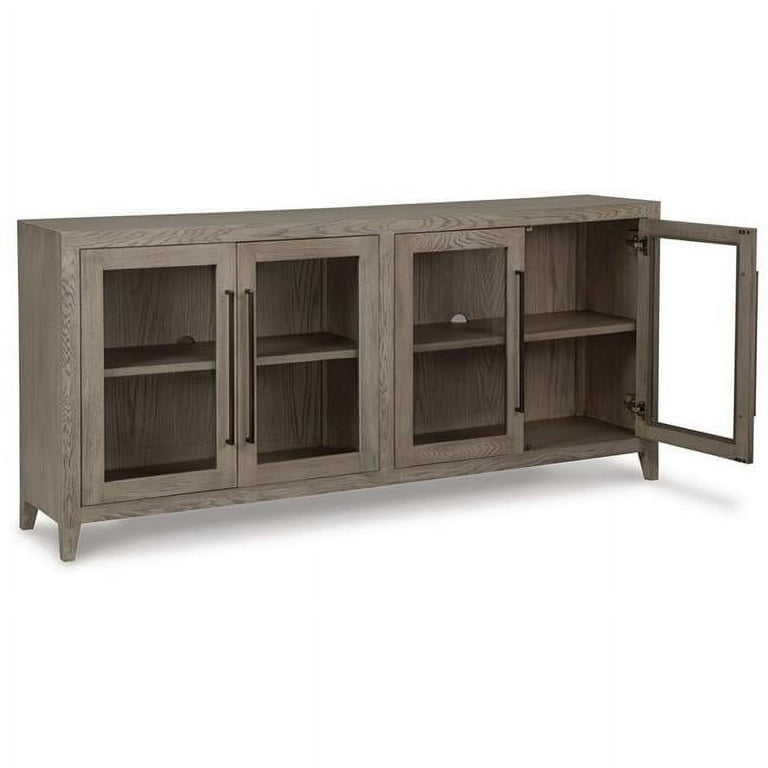80 Inch Sideboard Accent Cabinet 4 Glass Doors 2 Shelves Warm Gray