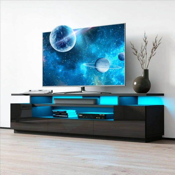 80 Inch TV Stand with LED Lights, Modern LED Entertainment Center with Storage Cabinet and Drawer, High Gloss Media TV Console Entertainment Stand for Living Room, Black