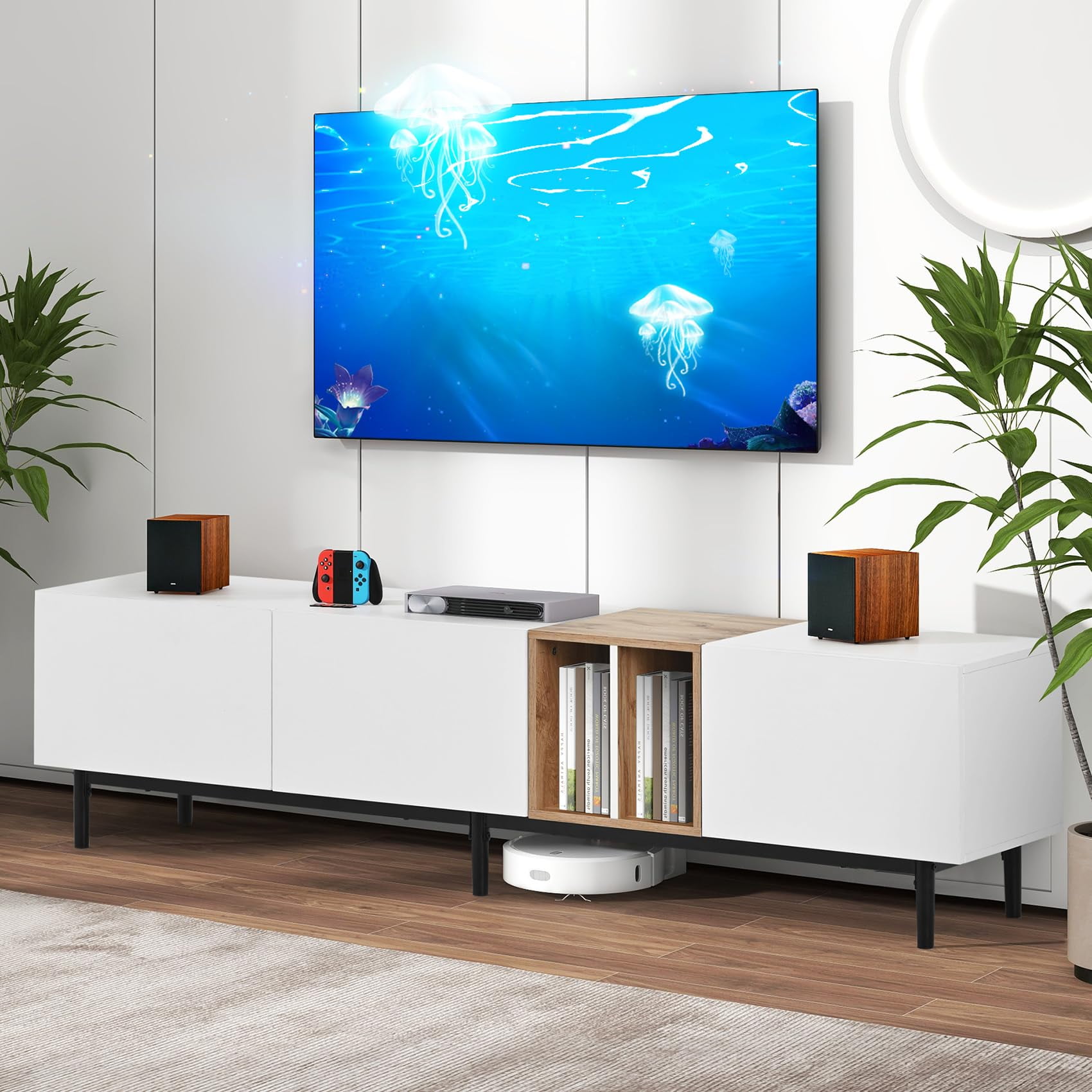 80 Inch TV Stand with Storage and Open Shelves, Modern White