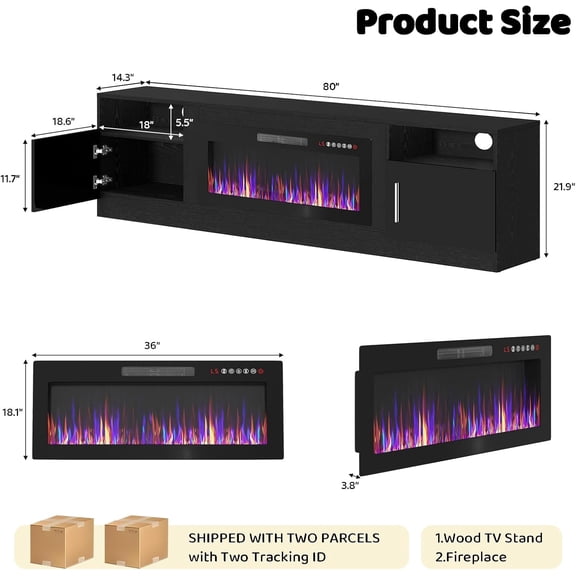 80 Inch TV Stand with 36 Inch Electric Fireplace, LED Light, Storage & Management, Modern Wood Media Console for Living Room (Black)