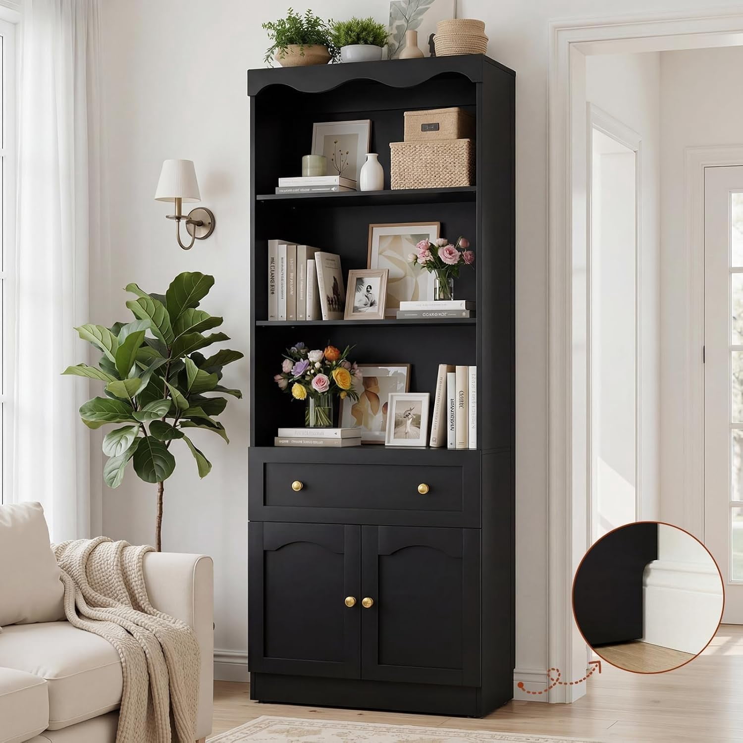 80-Inch Tall Black Wave Design Bookcase with Doors, Drawer, 3-Tier Open ...