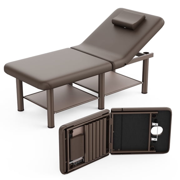 Holaki 75 inch Stationary Massage Table, Heavy Duty Metal Frame with PU Leather, Modern Esthetician Bed for Physical Therapy Spa Tattoo, Brown