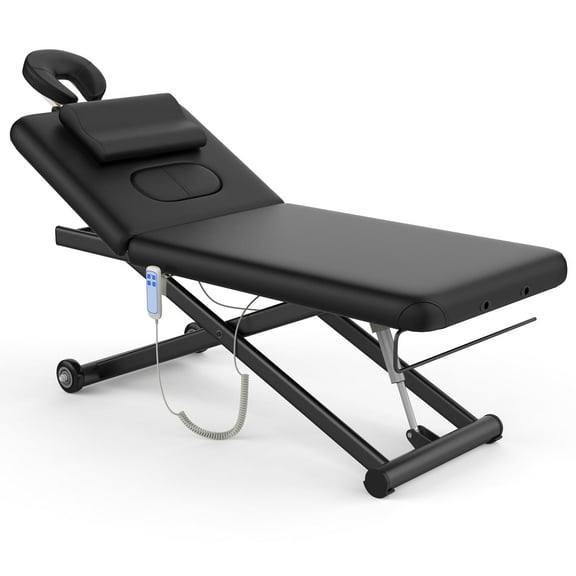 75" Massage Bed, Holaki Electric Lift Massage Table with Face Pillow, Heavy Duty Spa Treatment Bed with Manual Backrest Adjustament, PU Leather, 800lbs, Black