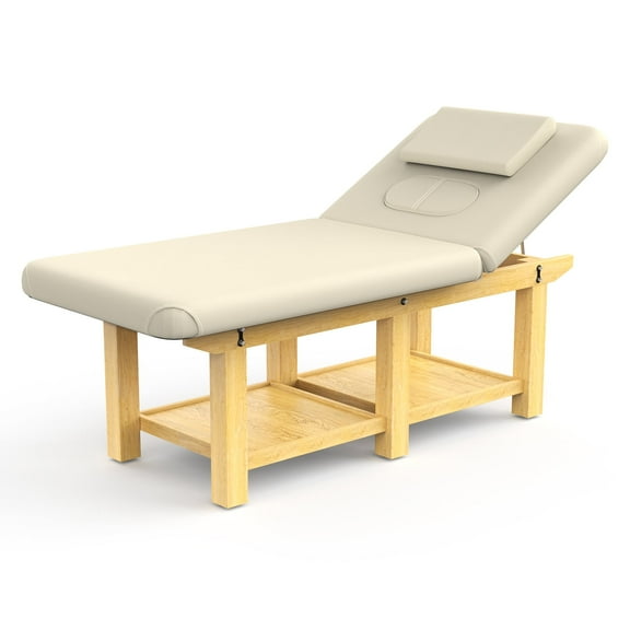 80" Stationary Massage Table, Holaki PU Leather Heavy Duty Wood Frame 6 Legs Massage Bed with Under Storage, Adjustable Head Massage Bed for Beauty Spa Facial, Beige