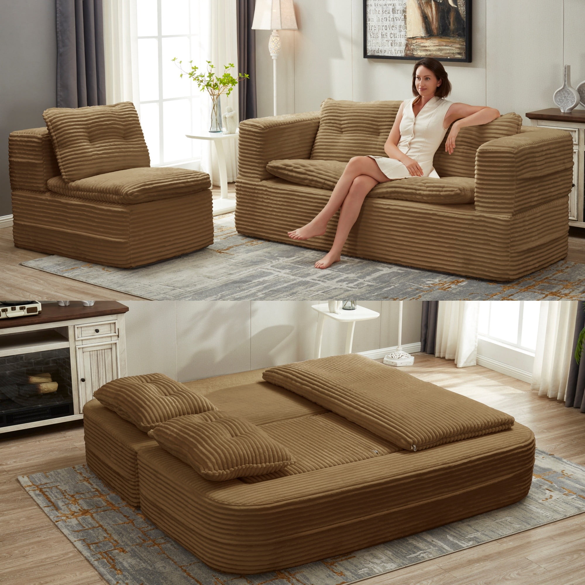 80" King Size Convertible Sleeper Sofa Bed with Independent Chaise Lounge,Multifunctional Plush Corduroy Sectional Sofa Couch for Living Room,Bedroom,Camel