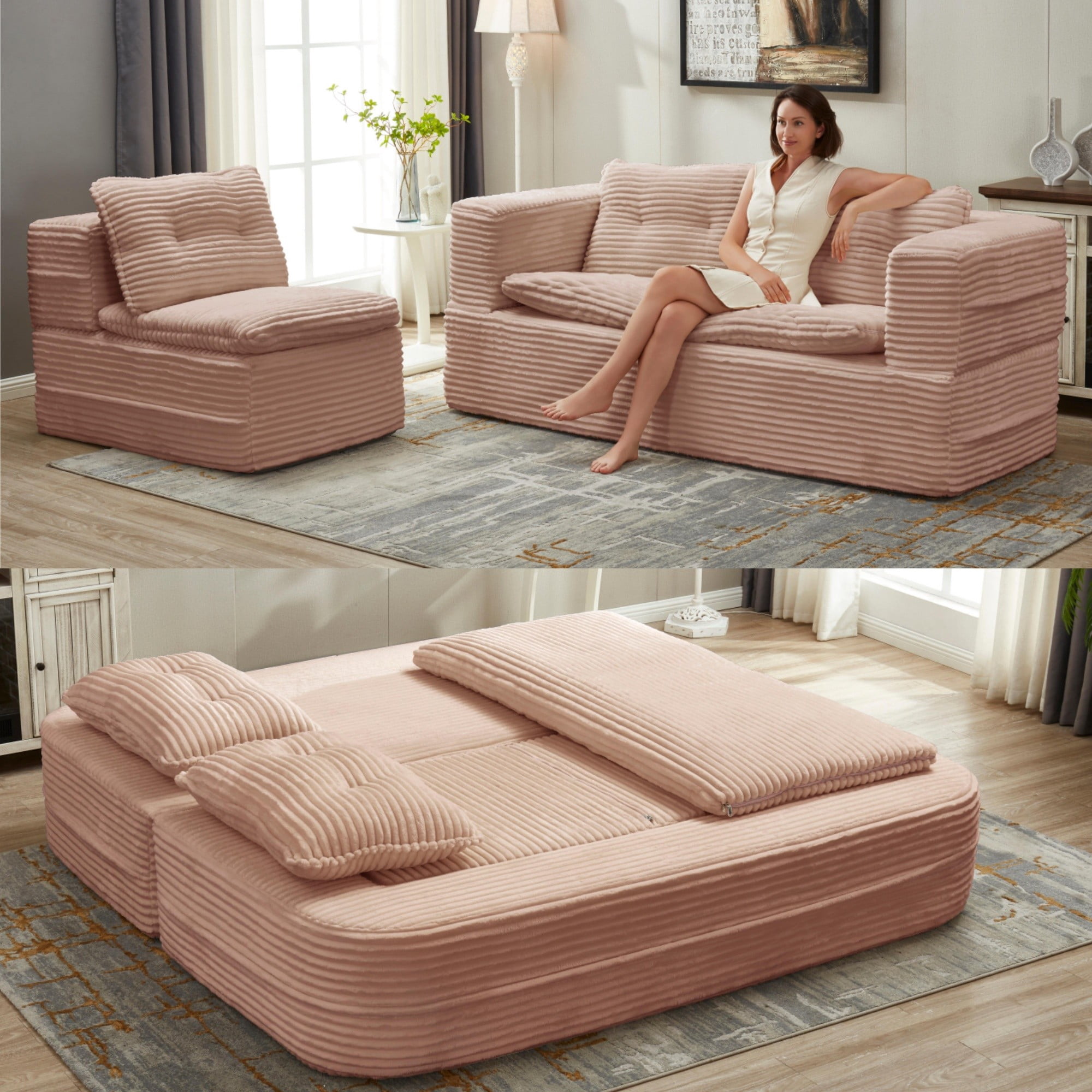80" King Size Convertible Sleeper Sofa Bed with Independent Chaise Lounge,Multifunctional Plush Corduroy Sectional Sofa Couch for Living Room,Bedroom,Pink