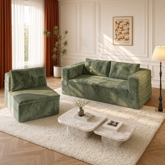 80" King Size Sleeper Sofa Bed, Plush Corduroy Deep Seat Couch with Independent Chaise & Functional Blanket, Convertible Oversized Lounge, Green