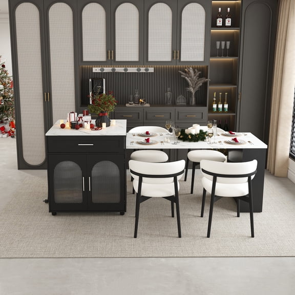 80" Kitchen Island with Extendable Dining Table, Rolling Kitchen Table with Power Outlet, Kitchen Storage Cart with Cabinet & 2 Drawers, Black