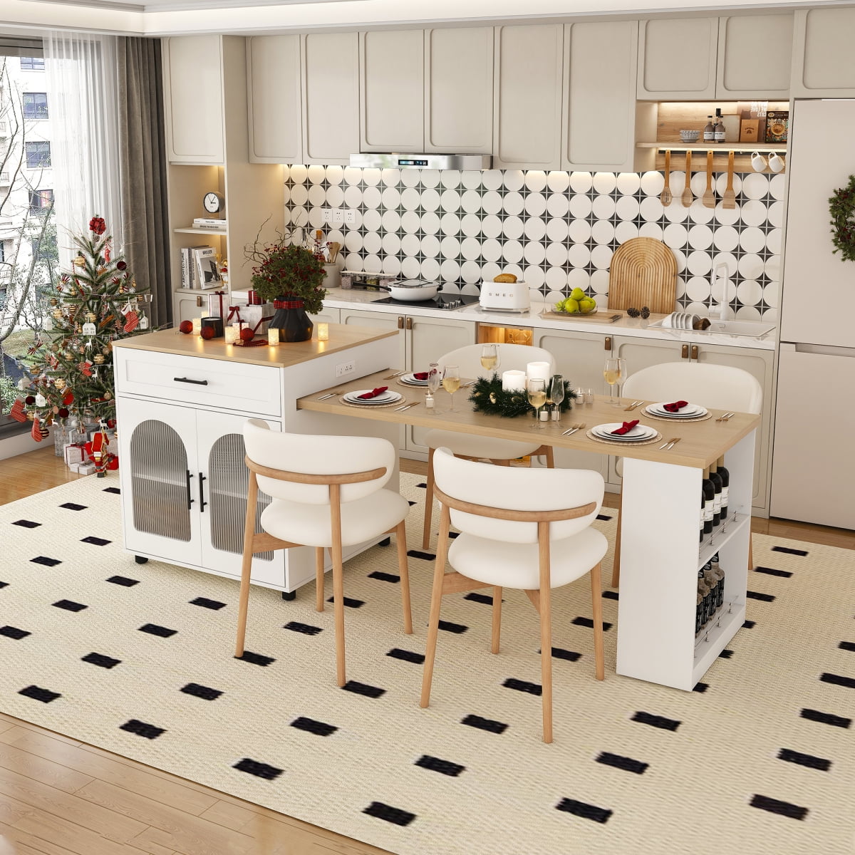 80" Kitchen Island with Extendable Dining Table, Rolling Kitchen Table with Power Outlet, Kitchen Storage Cart with Cabinet & 2 Drawers, White